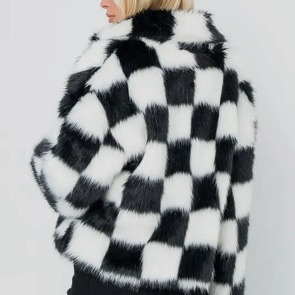 Crop Checker Faux Fur Jacket