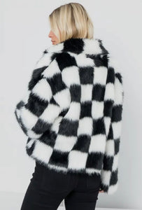 Crop Checker Faux Fur Jacket
